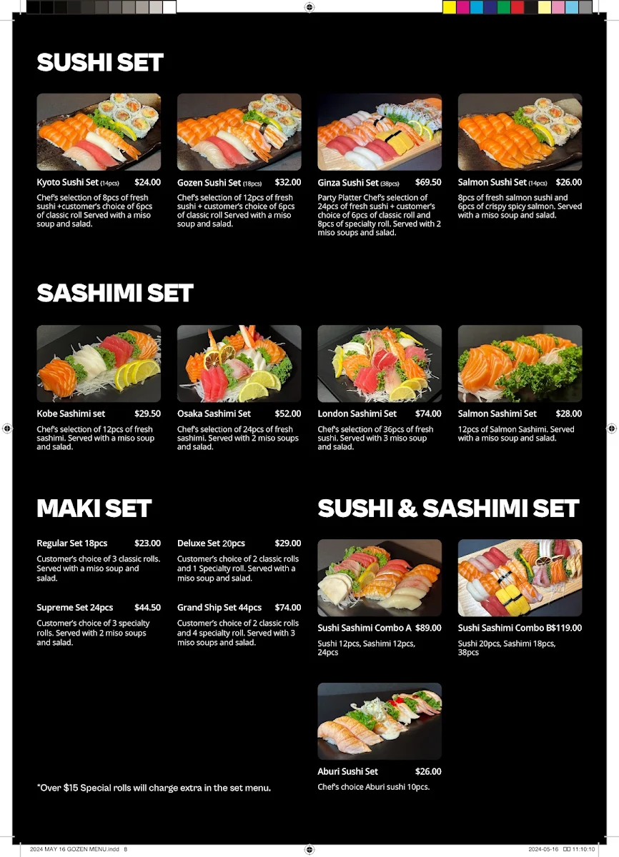 Menu, Gozen Sushi