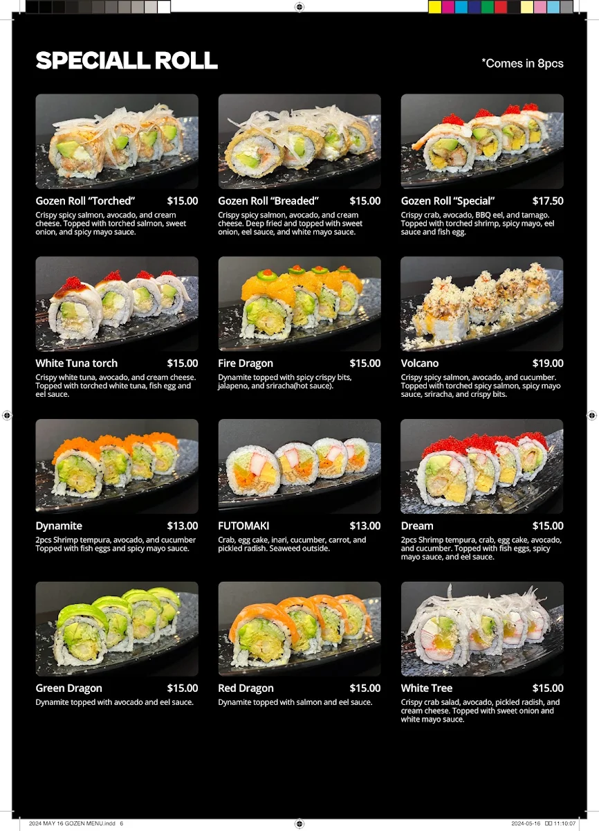 Menu, Gozen Sushi