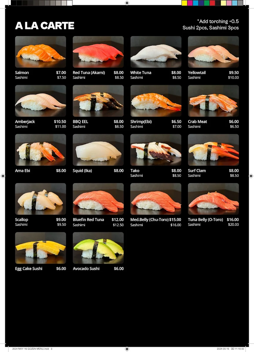 Menu, Gozen Sushi