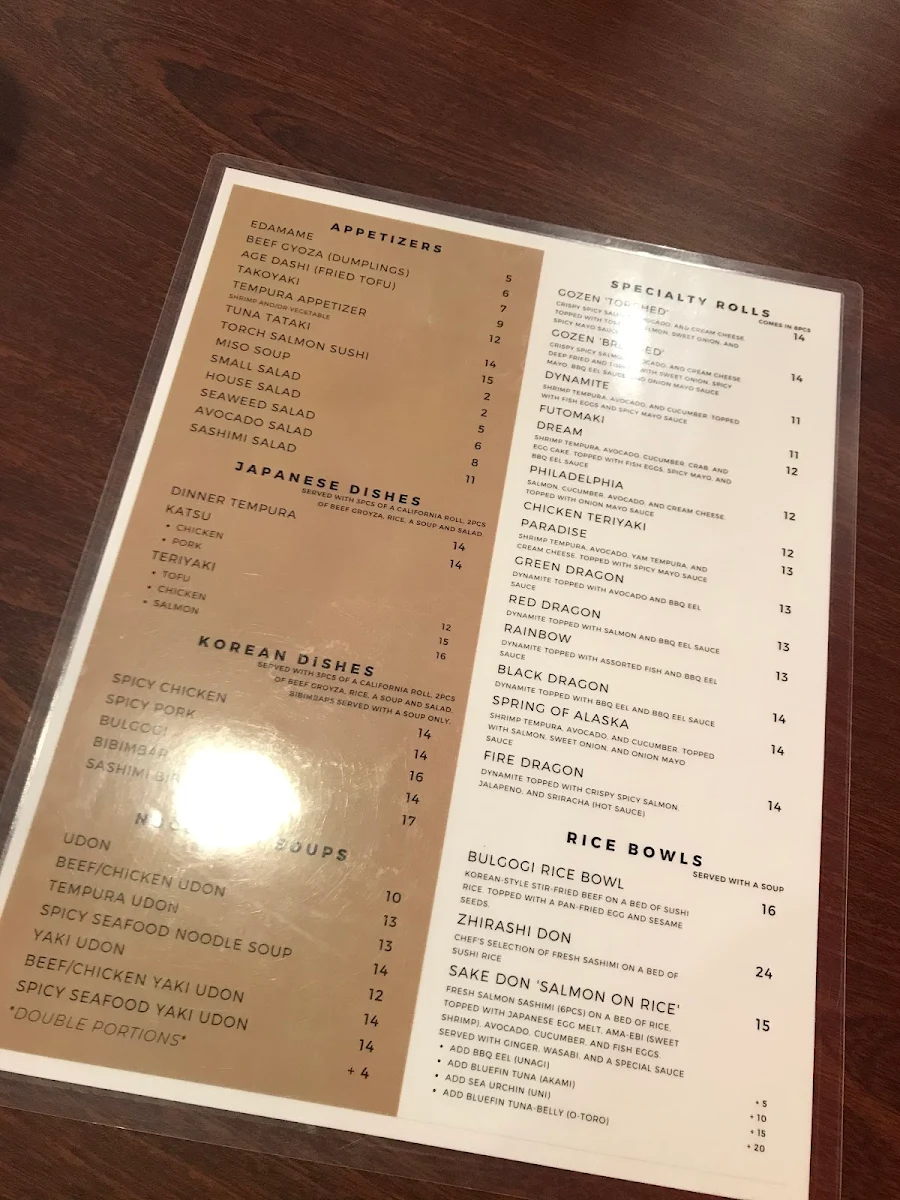Menu, Gozen Sushi