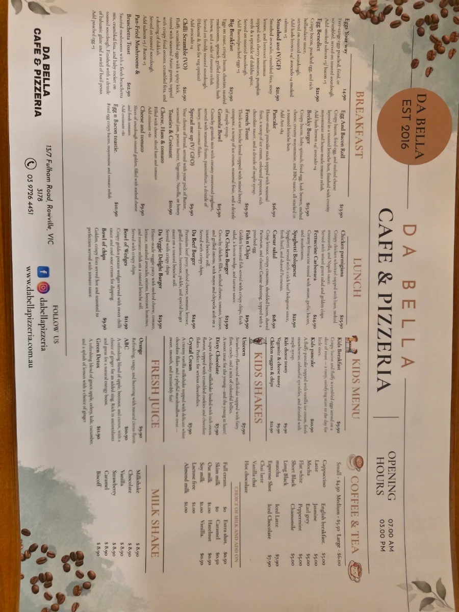 Menu, Da Bella Café & Pizzeria Rowville