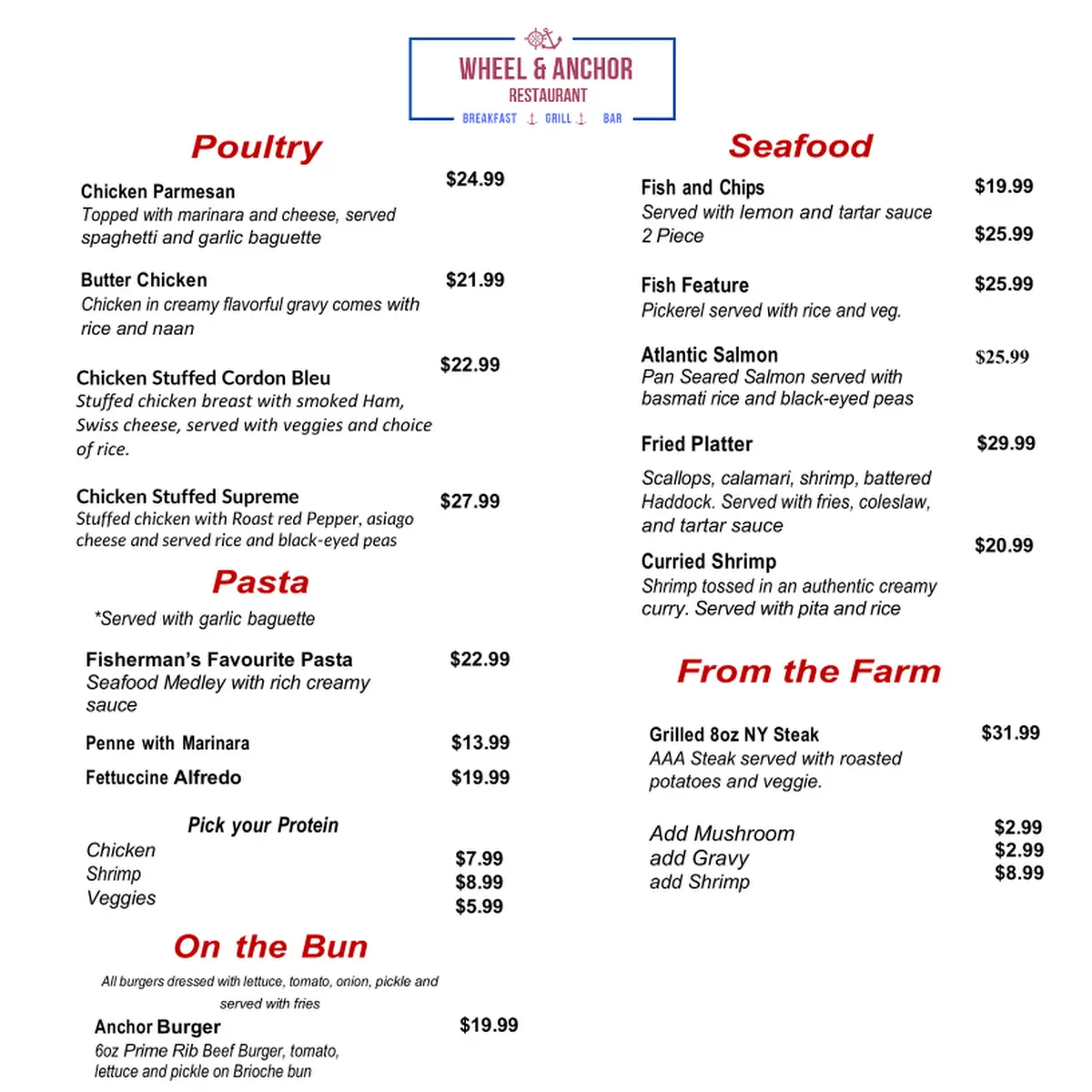 Menu, Wheel and Anchor Restaurant