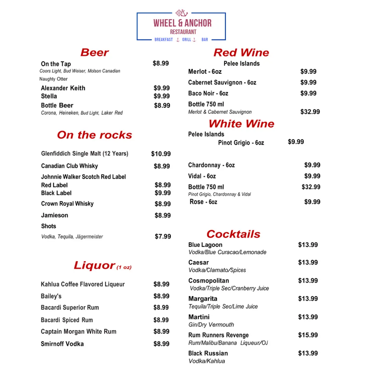 Menu, Wheel and Anchor Restaurant