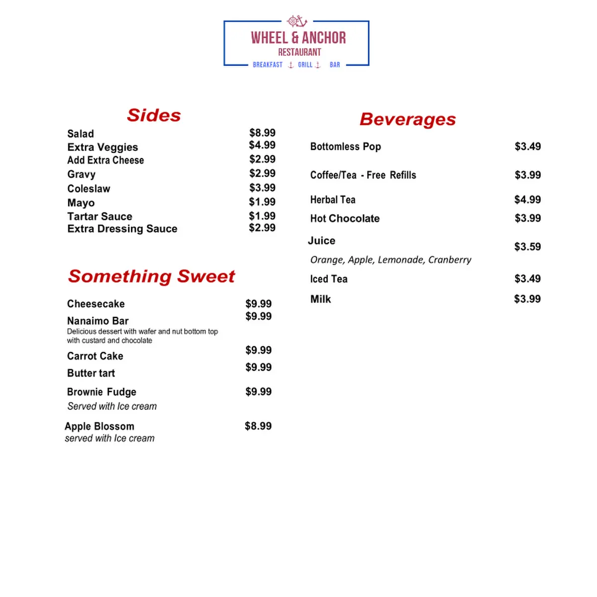 Menu, Wheel and Anchor Restaurant