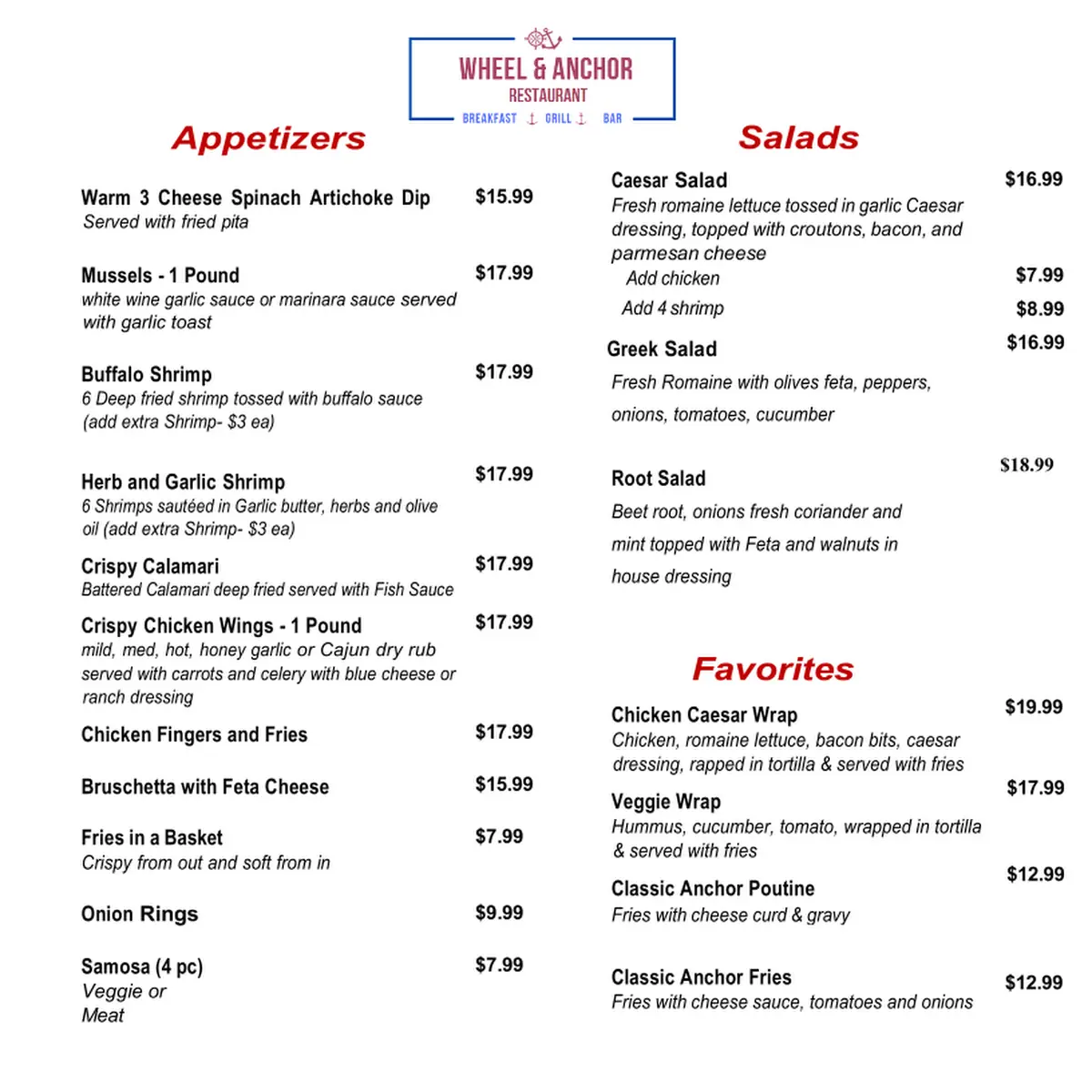 Menu, Wheel and Anchor Restaurant