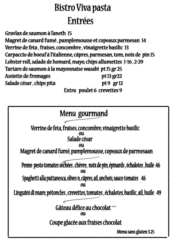 Menu, Bistro Viva