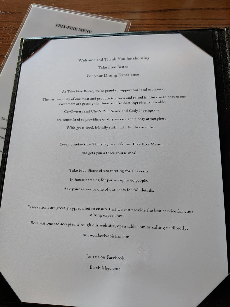 Menu, Take Five Bistro