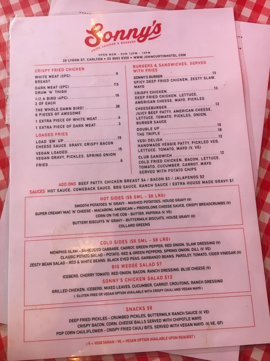 Menu, THE CURTIN (John Curtin hotel)