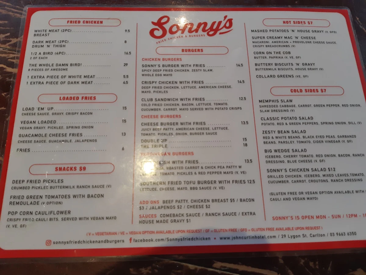 Menu, THE CURTIN (John Curtin hotel)