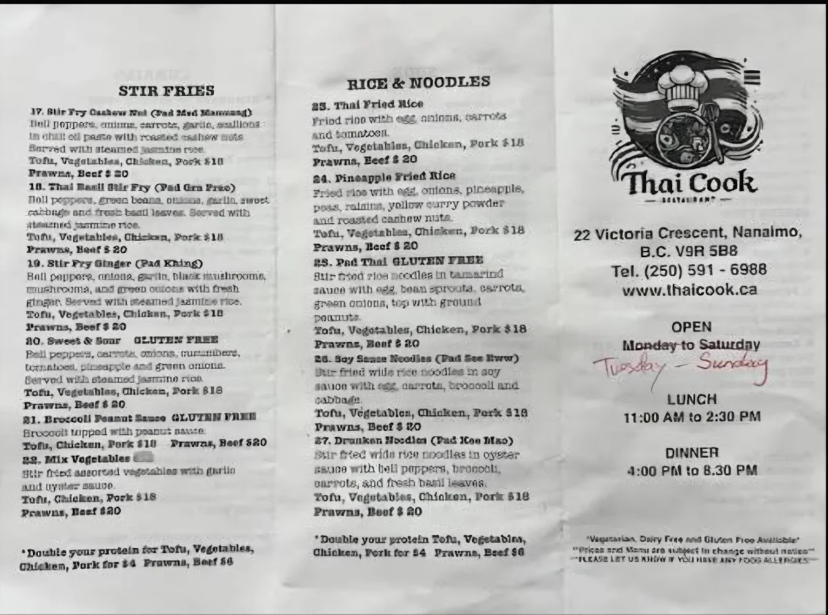 Menu, Thai Cook