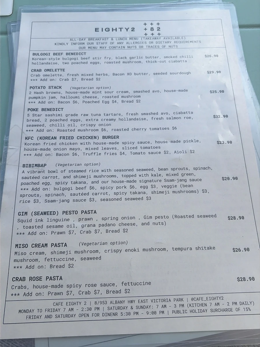Menu, Cafe Eighty2