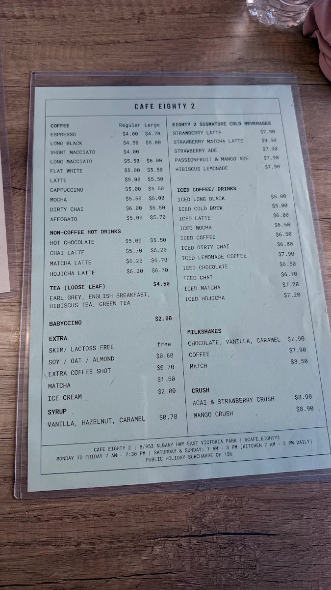 Menu, Cafe Eighty2