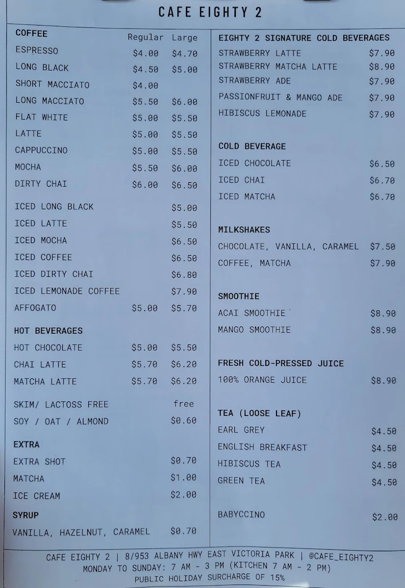 Menu, Cafe Eighty2