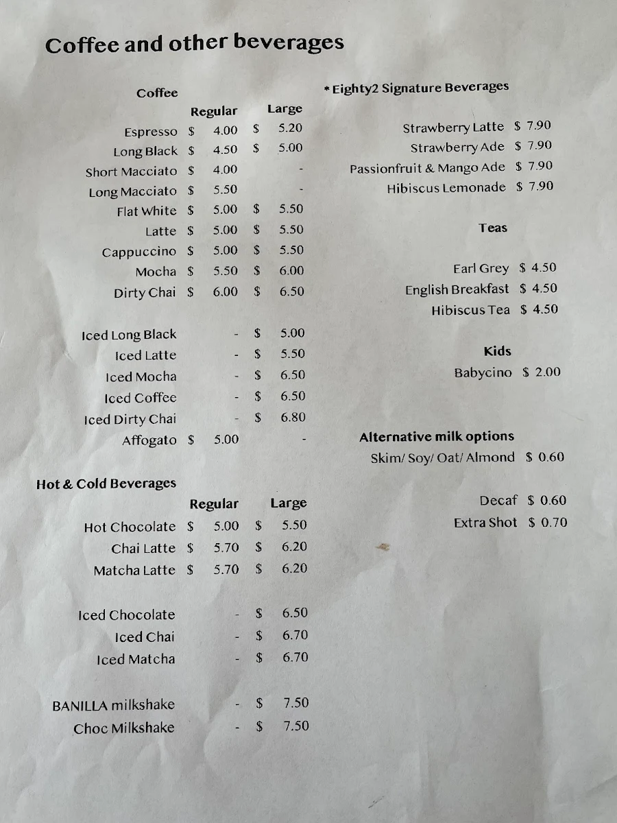Menu, Cafe Eighty2