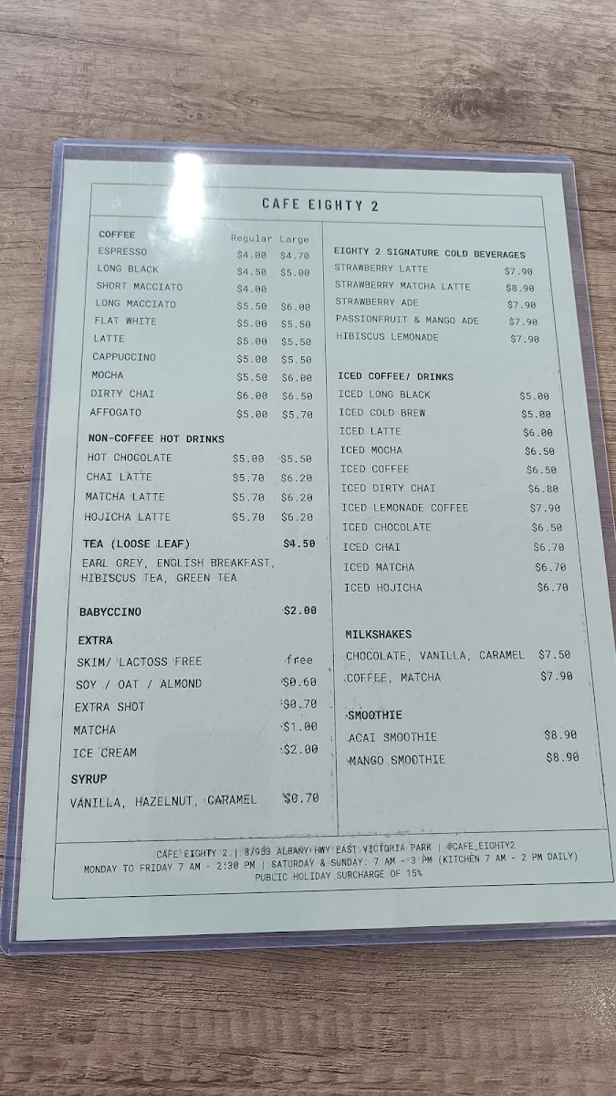 Menu, Cafe Eighty2