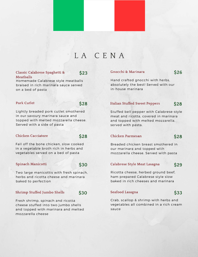 Menu, La Casa Nostra Ristorante