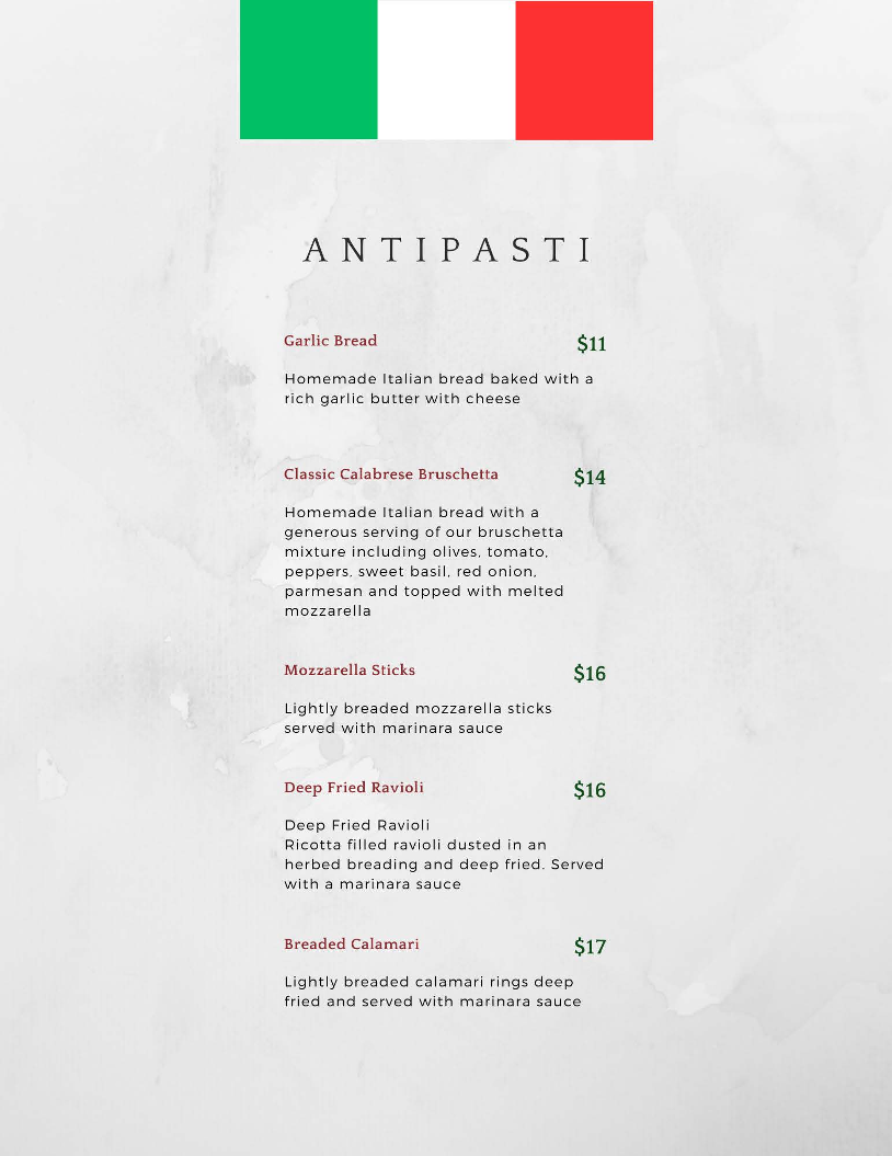 Menu, La Casa Nostra Ristorante