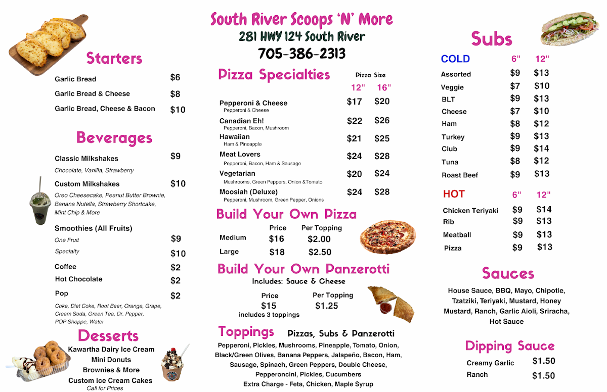 Menu, South River Scoops 'N' More