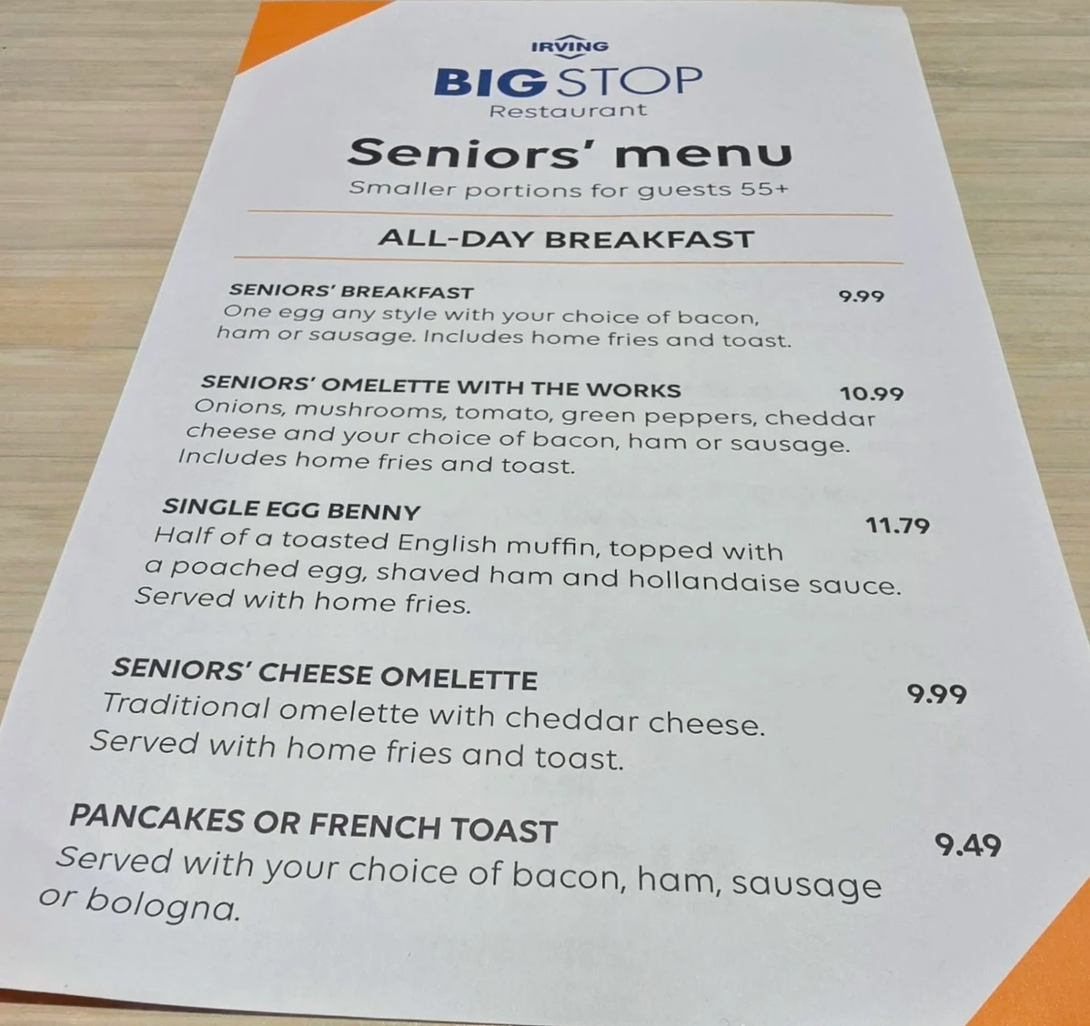 Menu, Rothesay Route 1 Big Stop Restaurant