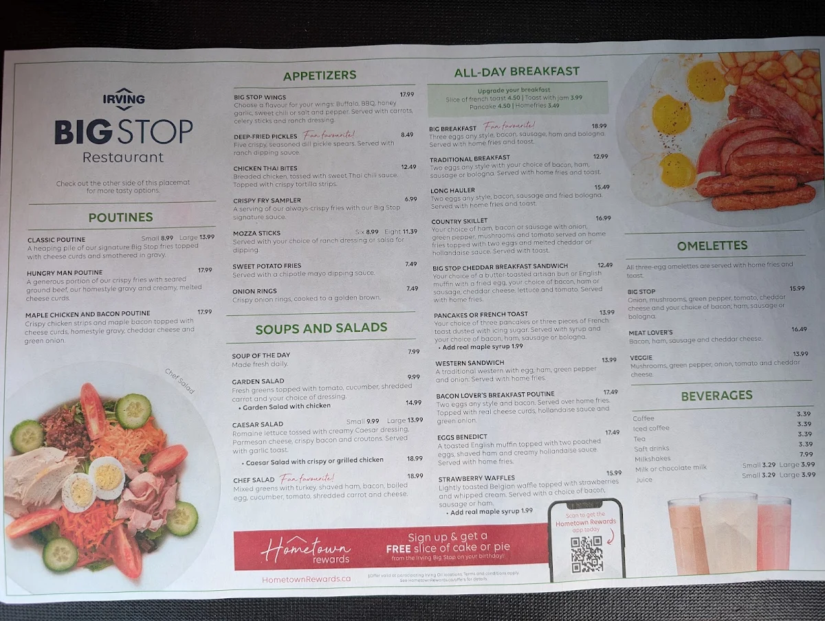 Menu, Rothesay Route 1 Big Stop Restaurant