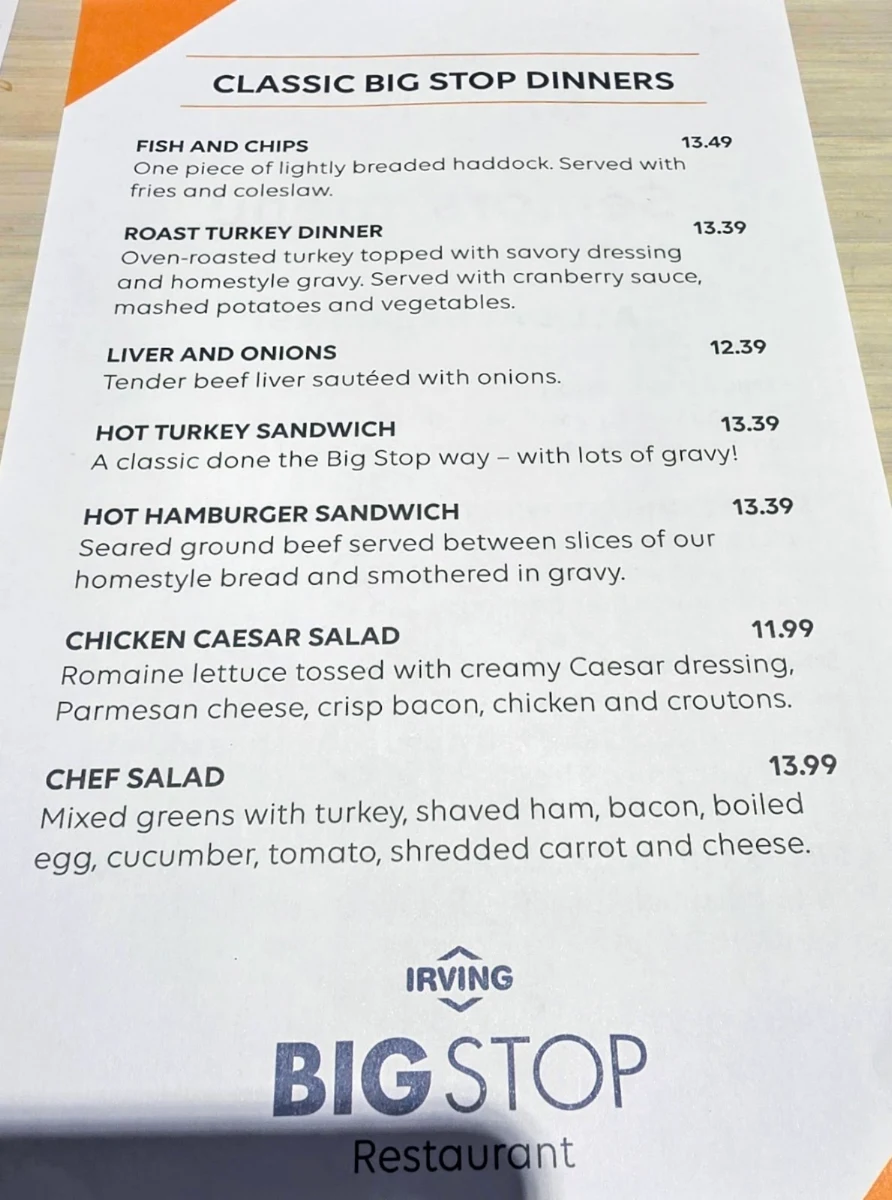 Menu, Rothesay Route 1 Big Stop Restaurant