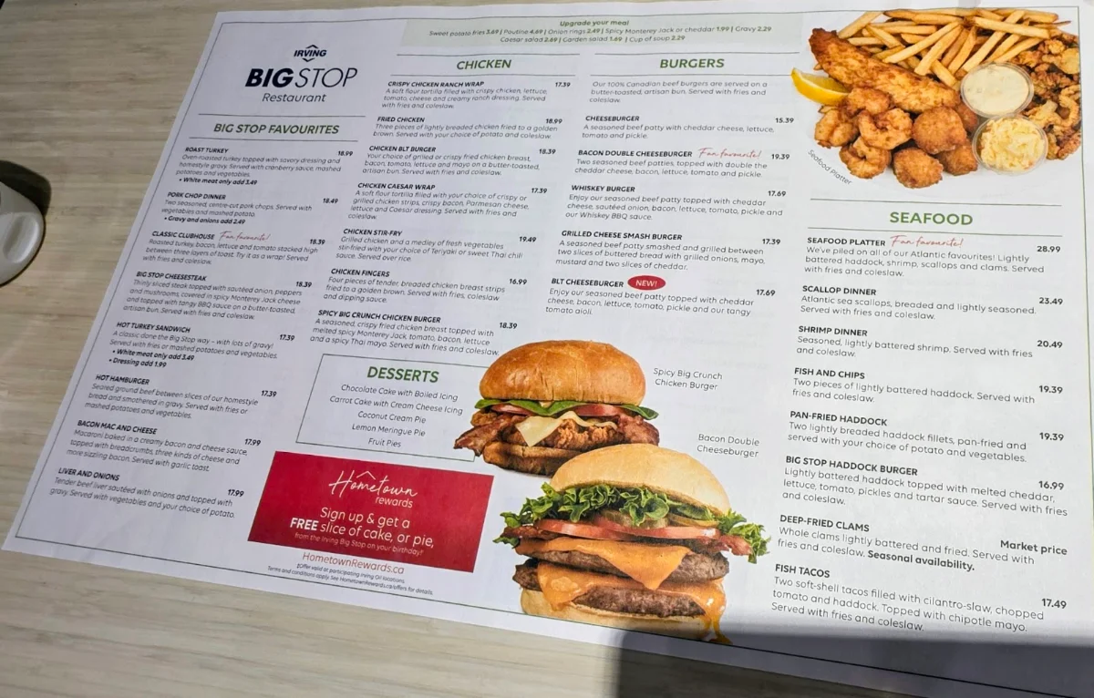 Menu, Rothesay Route 1 Big Stop Restaurant