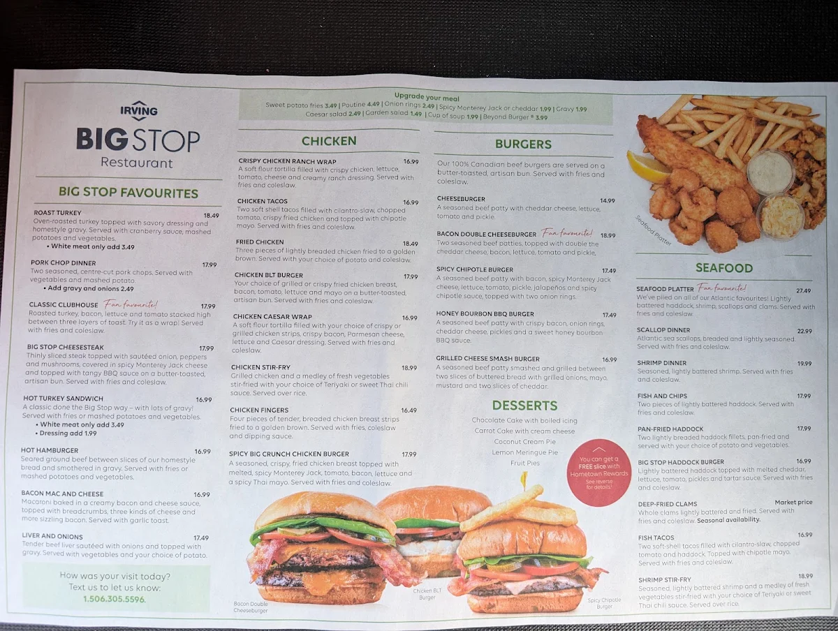 Menu, Rothesay Route 1 Big Stop Restaurant