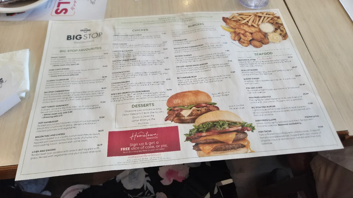 Menu, Rothesay Route 1 Big Stop Restaurant