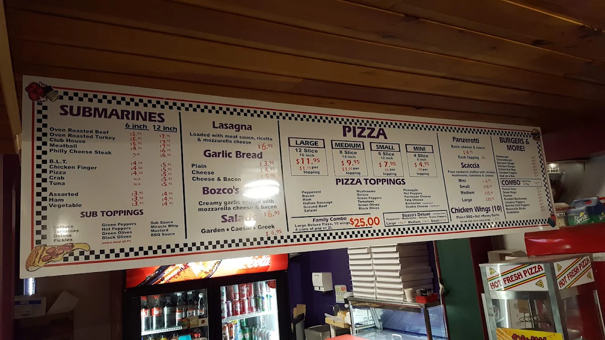 Menu, Bozco's Pizza