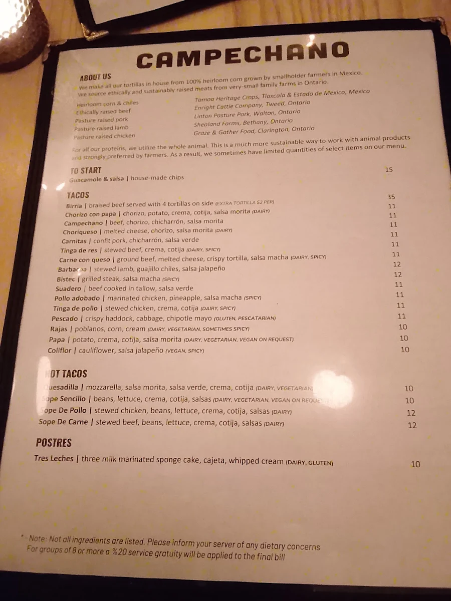Menu, Campechano College