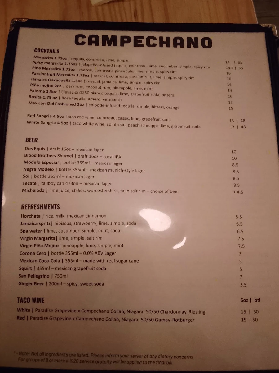 Menu, Campechano College