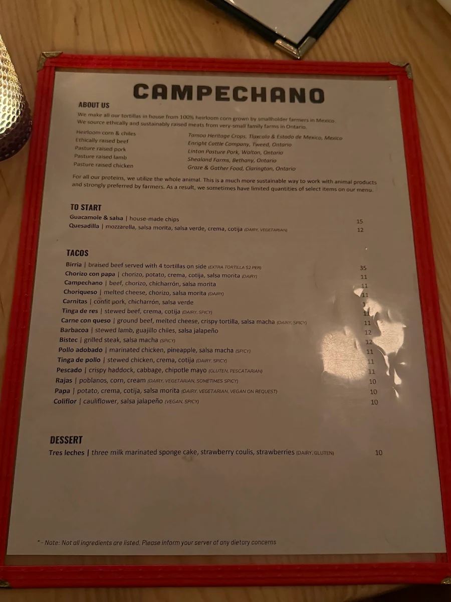 Menu, Campechano College
