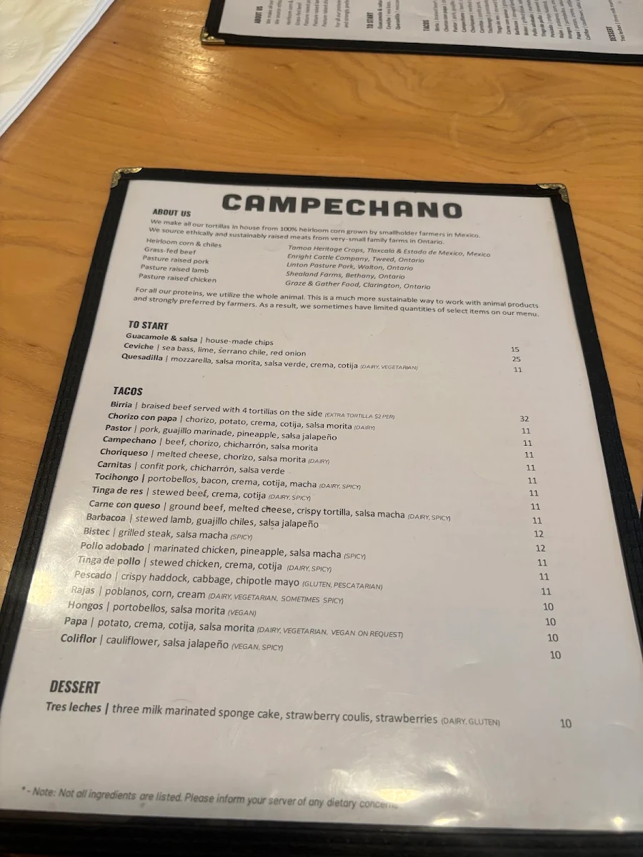 Menu, Campechano College
