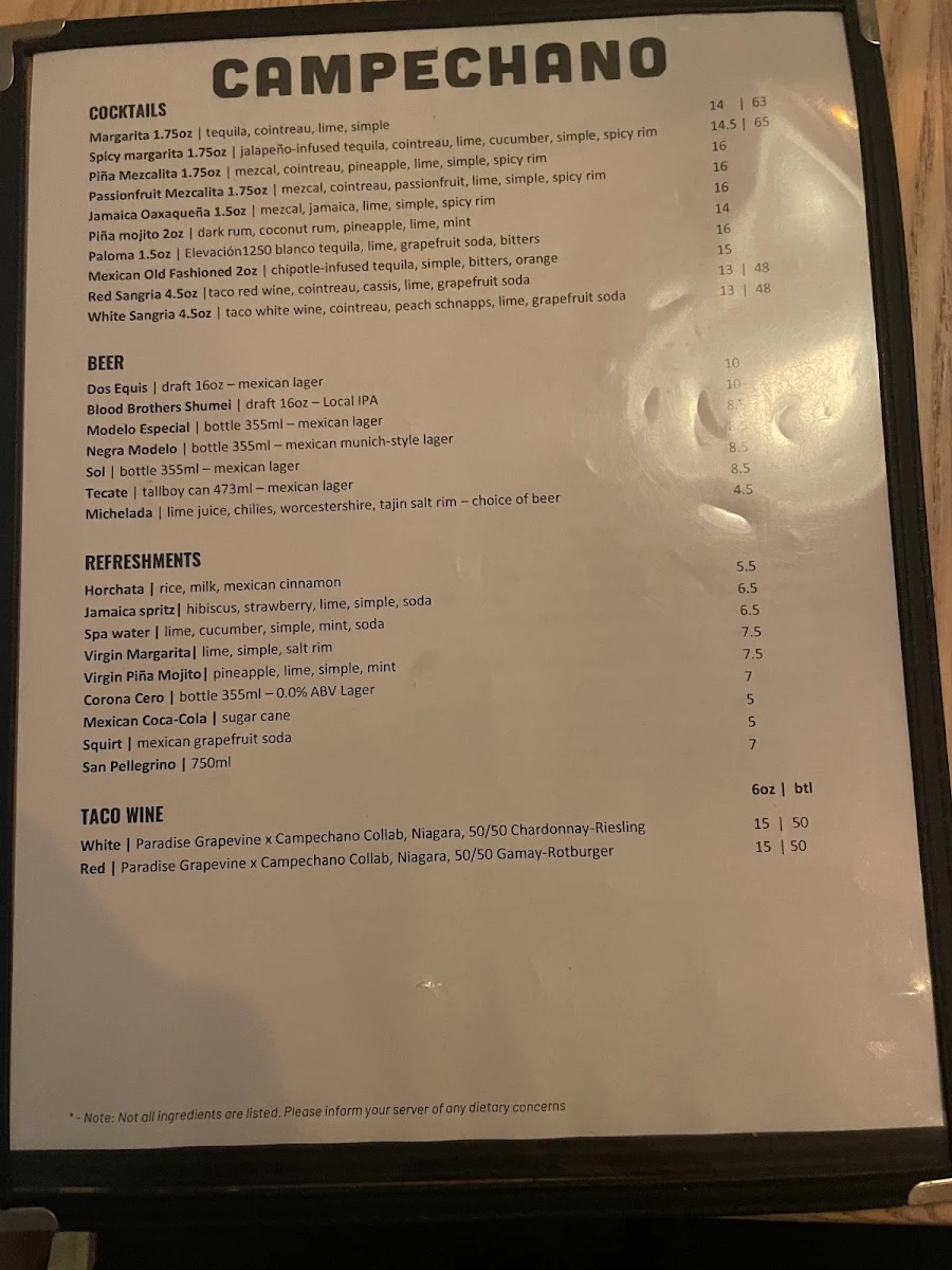 Menu, Campechano College