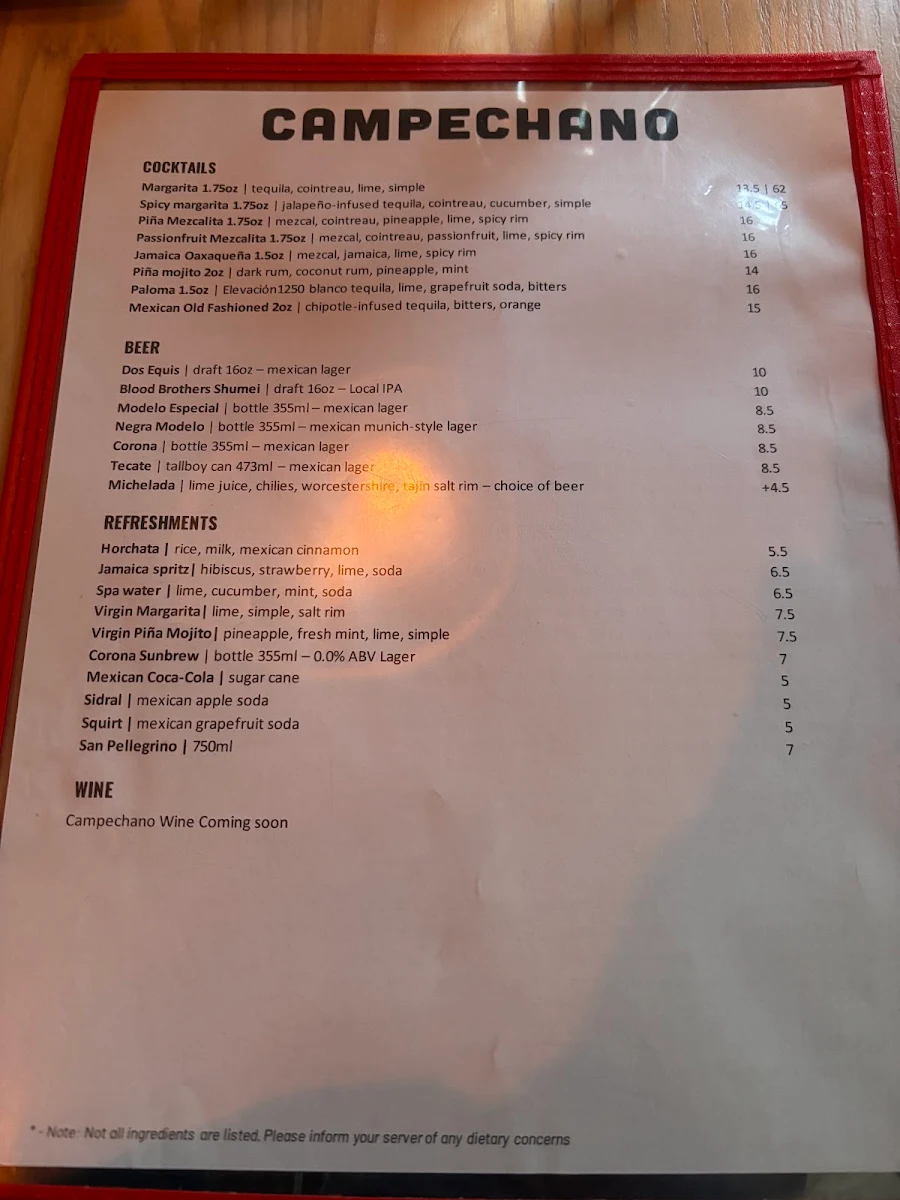 Menu, Campechano College