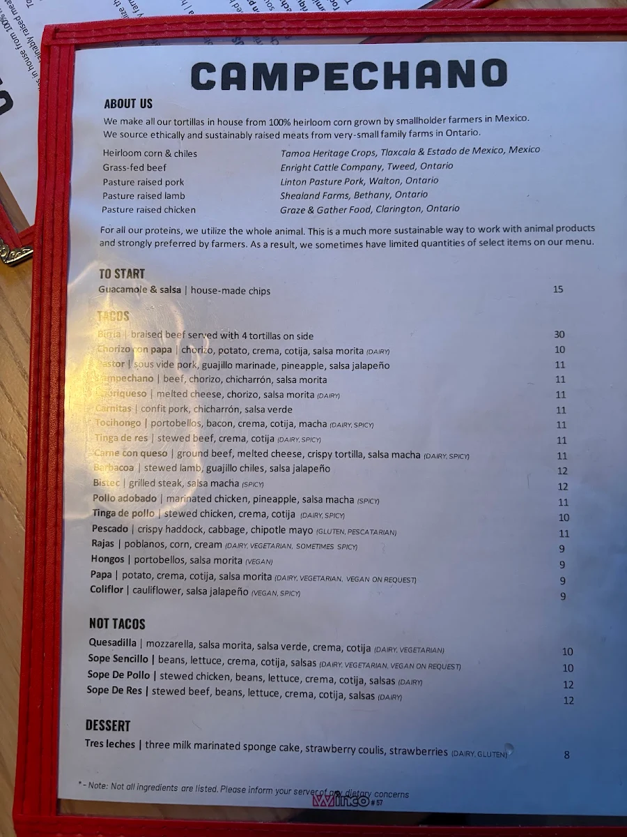 Menu, Campechano College