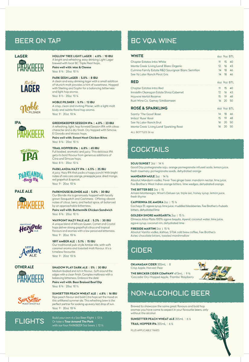 Menu, Stanley Park Brewing Restaurant & Brewpub