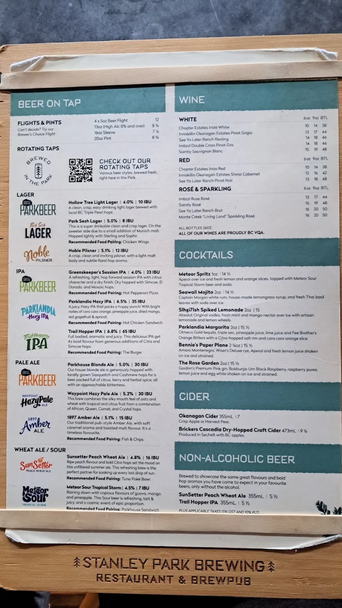Menu, Stanley Park Brewing Restaurant & Brewpub