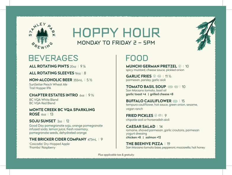 Menu, Stanley Park Brewing Restaurant & Brewpub