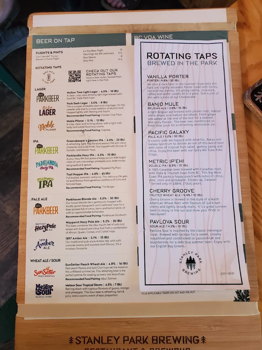 Menu, Stanley Park Brewing Restaurant & Brewpub