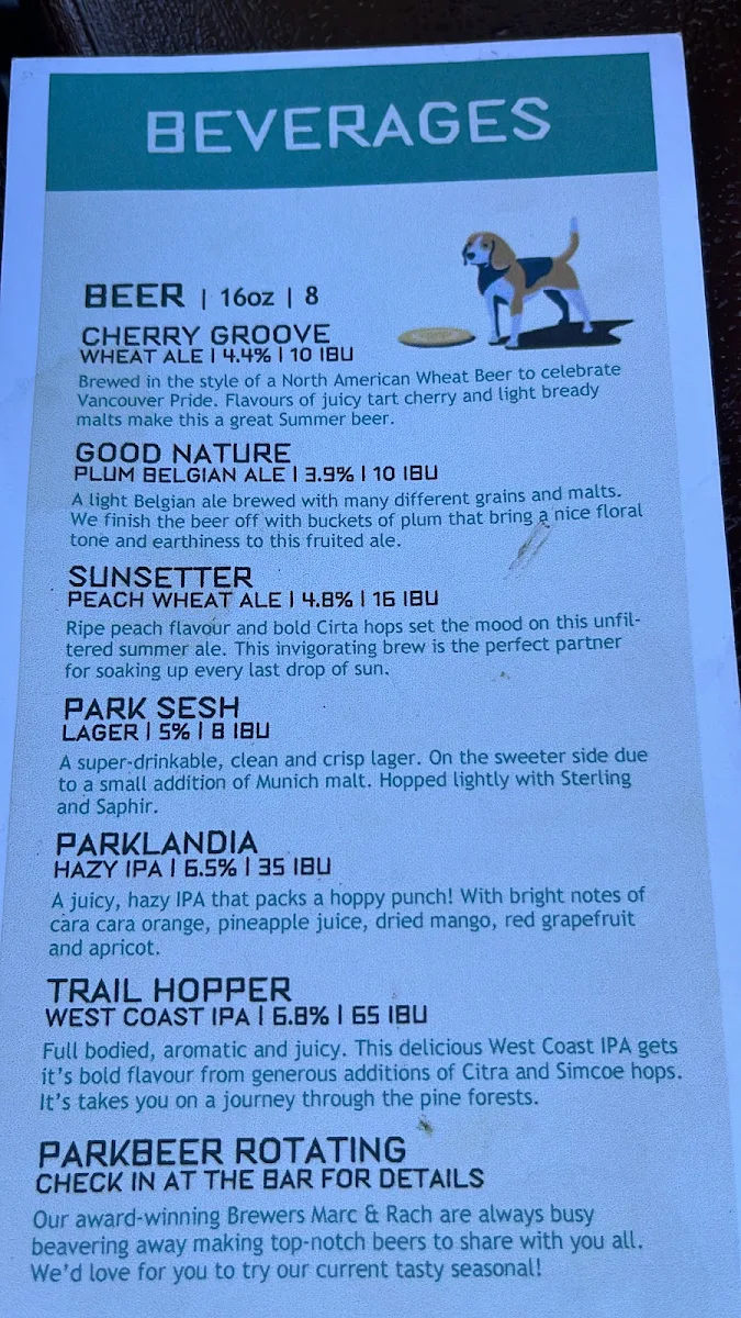 Menu, Stanley Park Brewing Restaurant & Brewpub