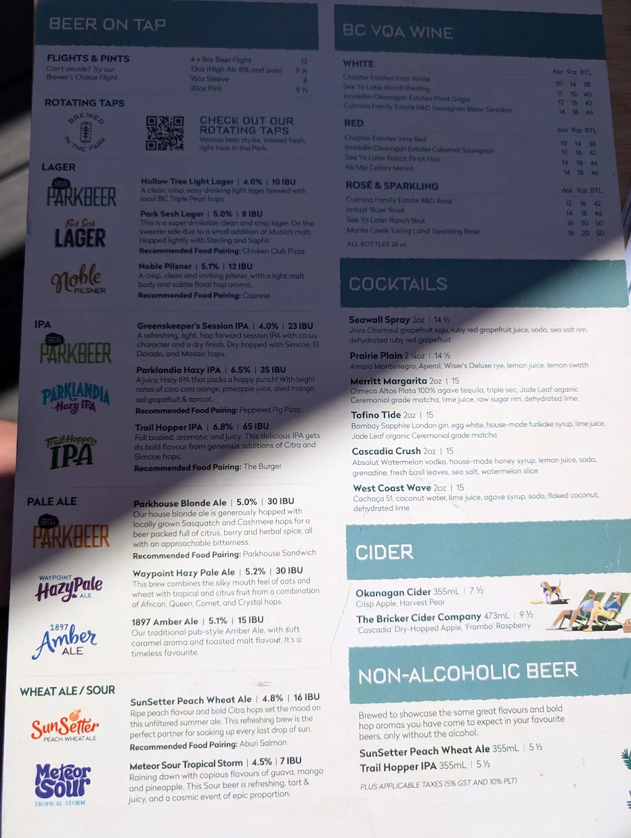 Menu, Stanley Park Brewing Restaurant & Brewpub