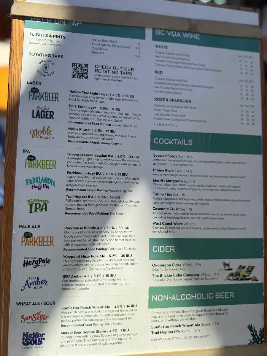Menu, Stanley Park Brewing Restaurant & Brewpub