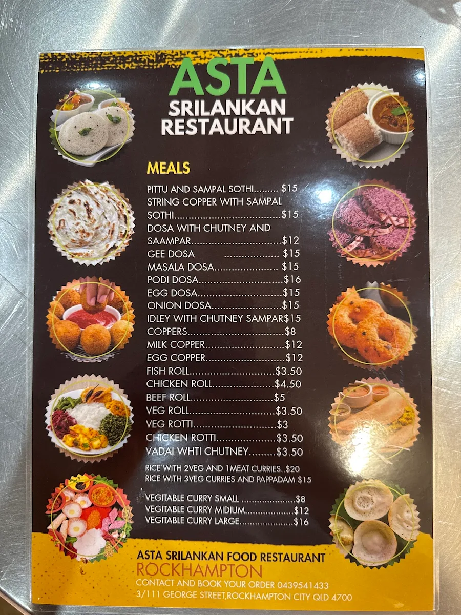 Menu, Asta Sri Lankan Restaurant