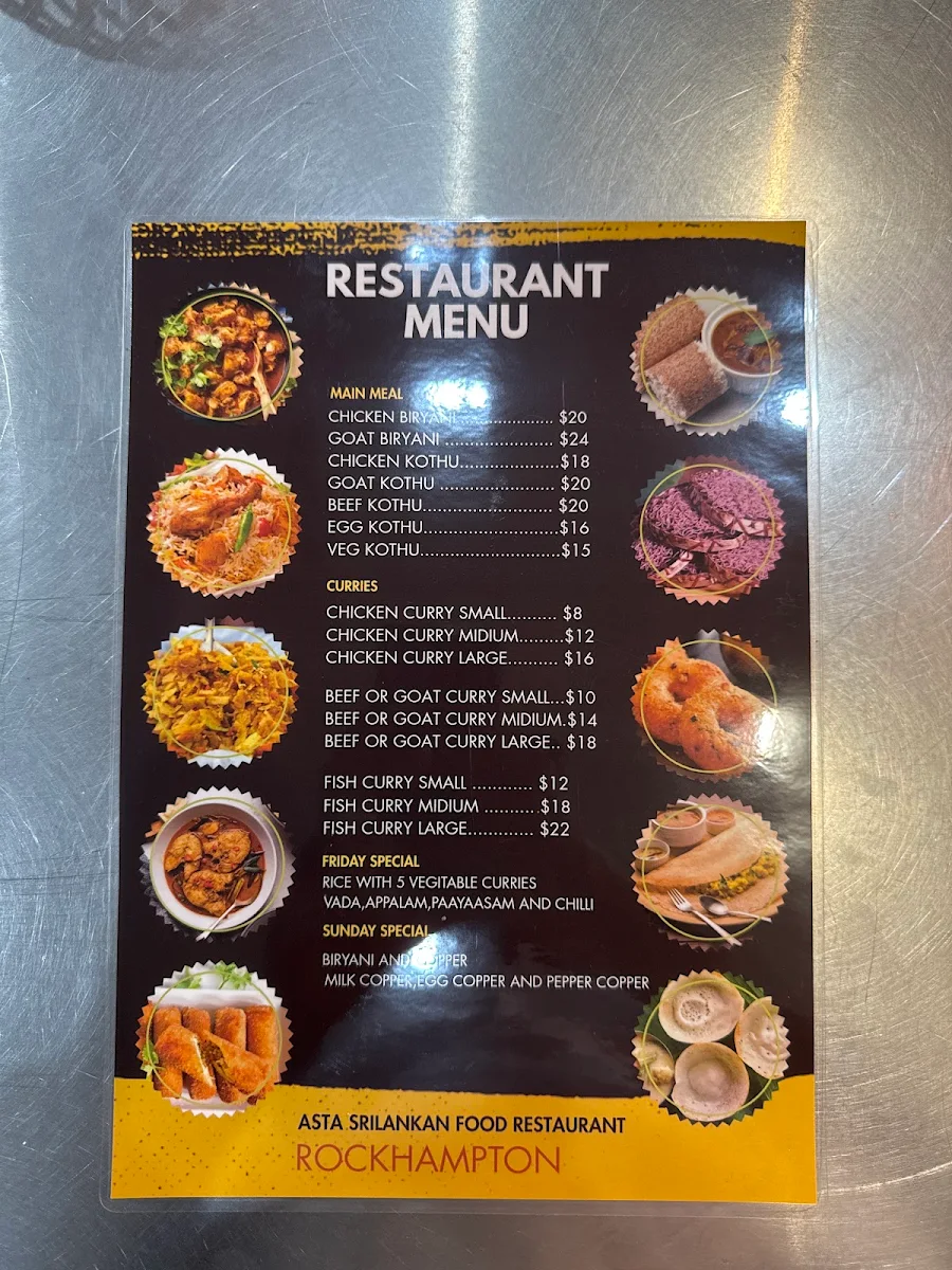 Menu, Asta Sri Lankan Restaurant