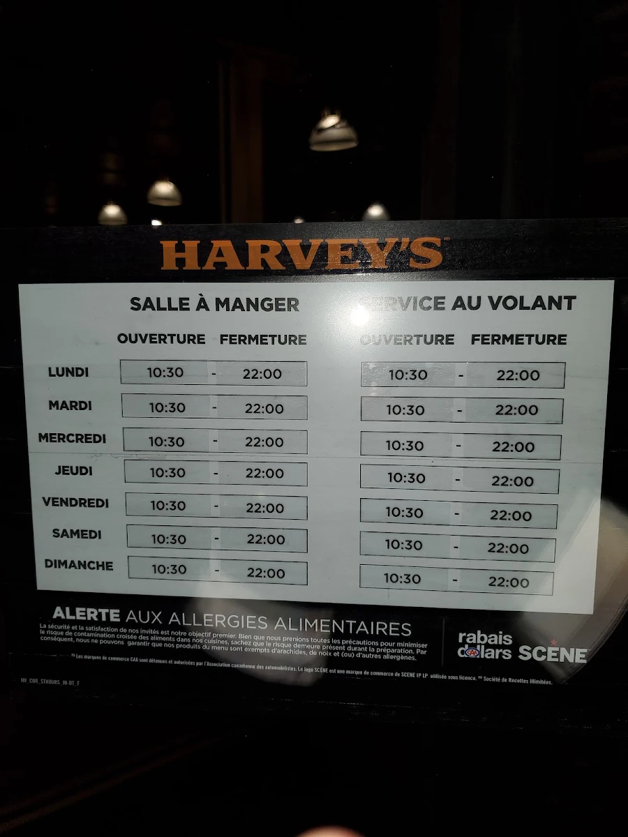 Menu, Harvey's