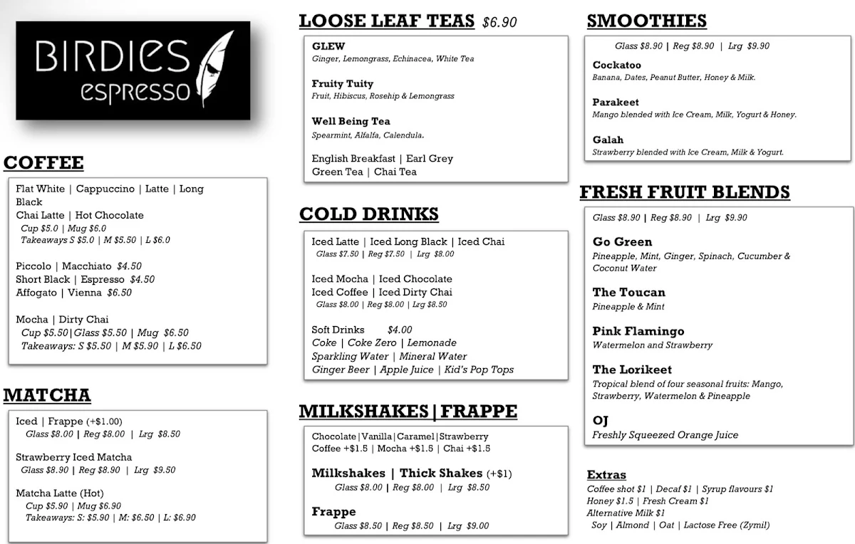 Menu, Birdies Espresso