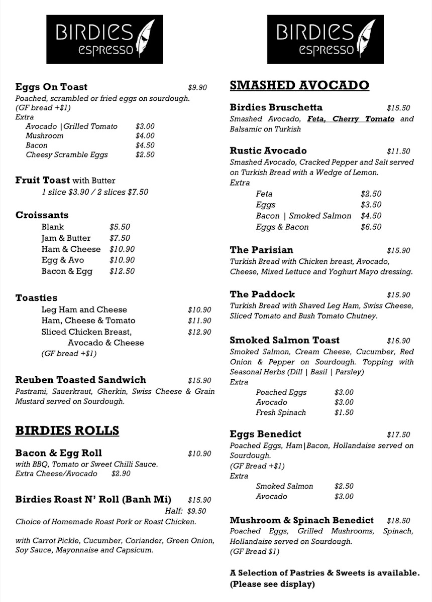 Menu, Birdies Espresso