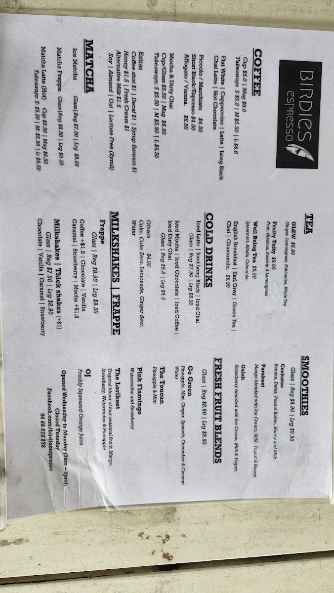Menu, Birdies Espresso
