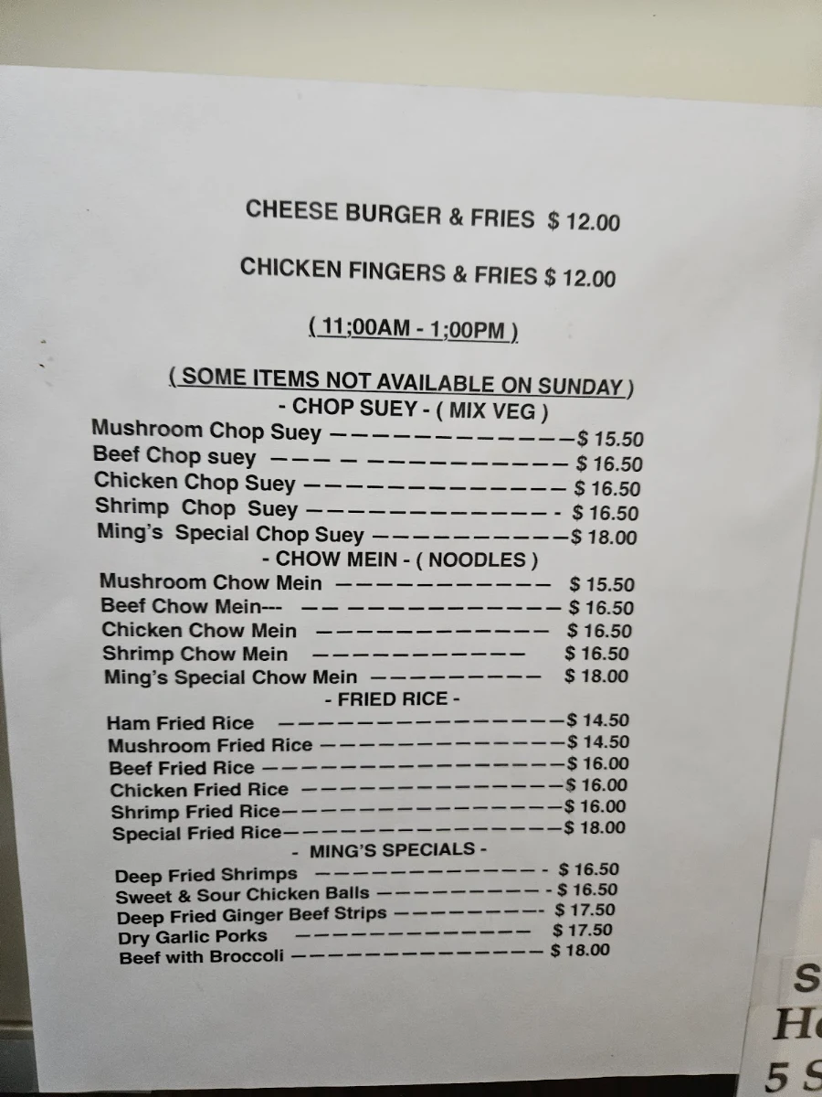 Menu, Ming Wong's Restaurant Ltd
